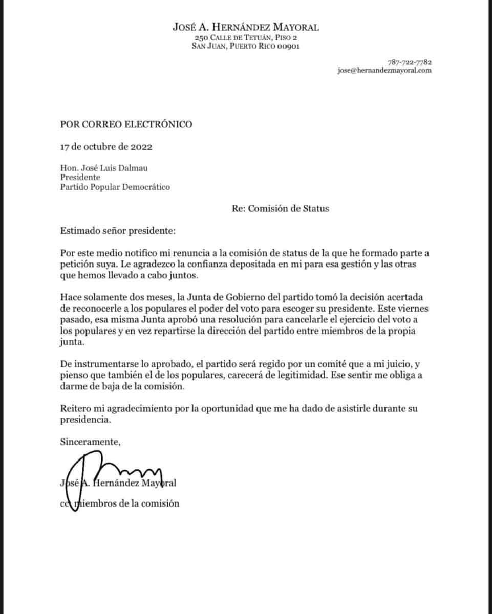 Renuncia José Alfredo Hernández Mayoral a la Comisión de Estatus del